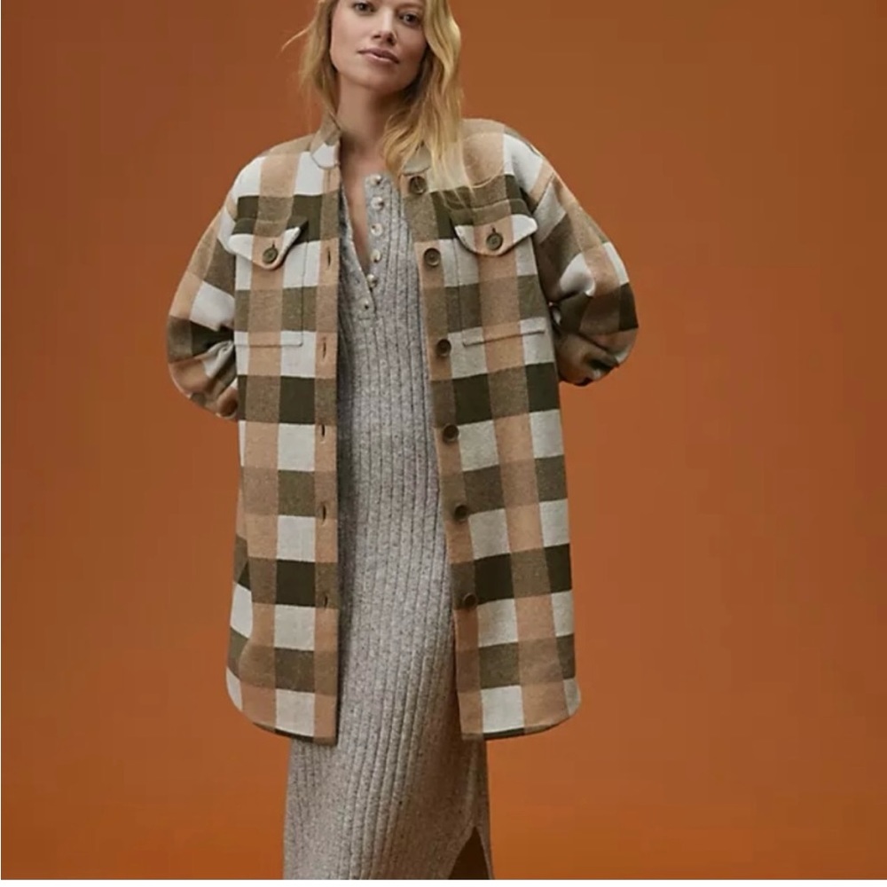 Anthropologie Field Flower 100% wool plaid shacket sweater coat XS PETITE